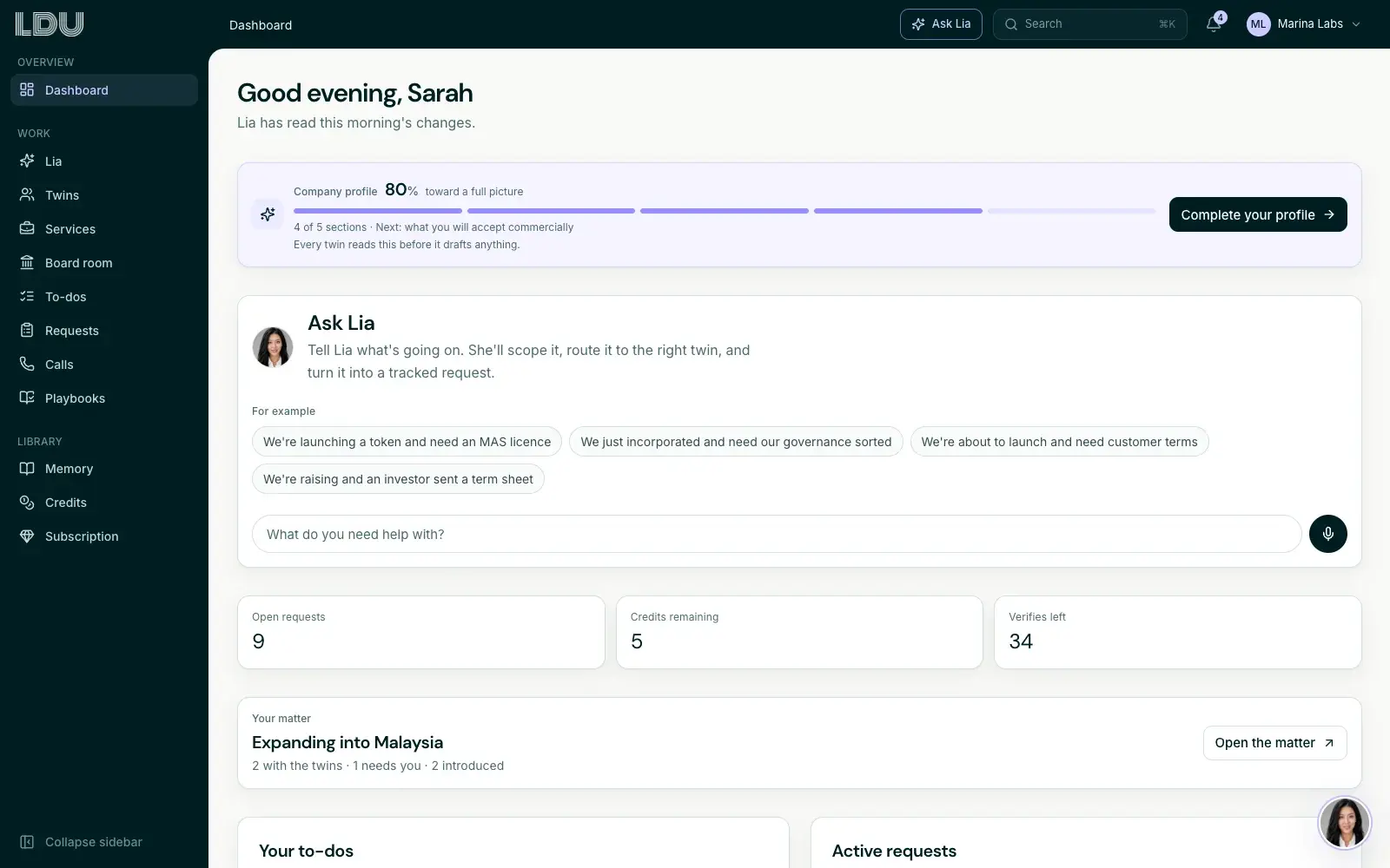 The Fraction client dashboard showing active matters and outstanding items.