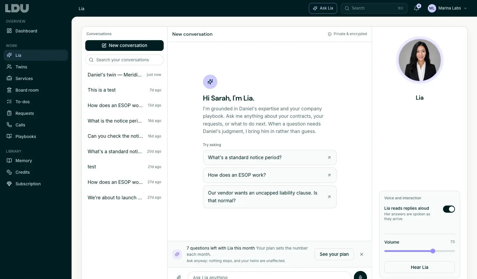 The Lia assistant screen in Fraction, with a conversation list and suggested questions.