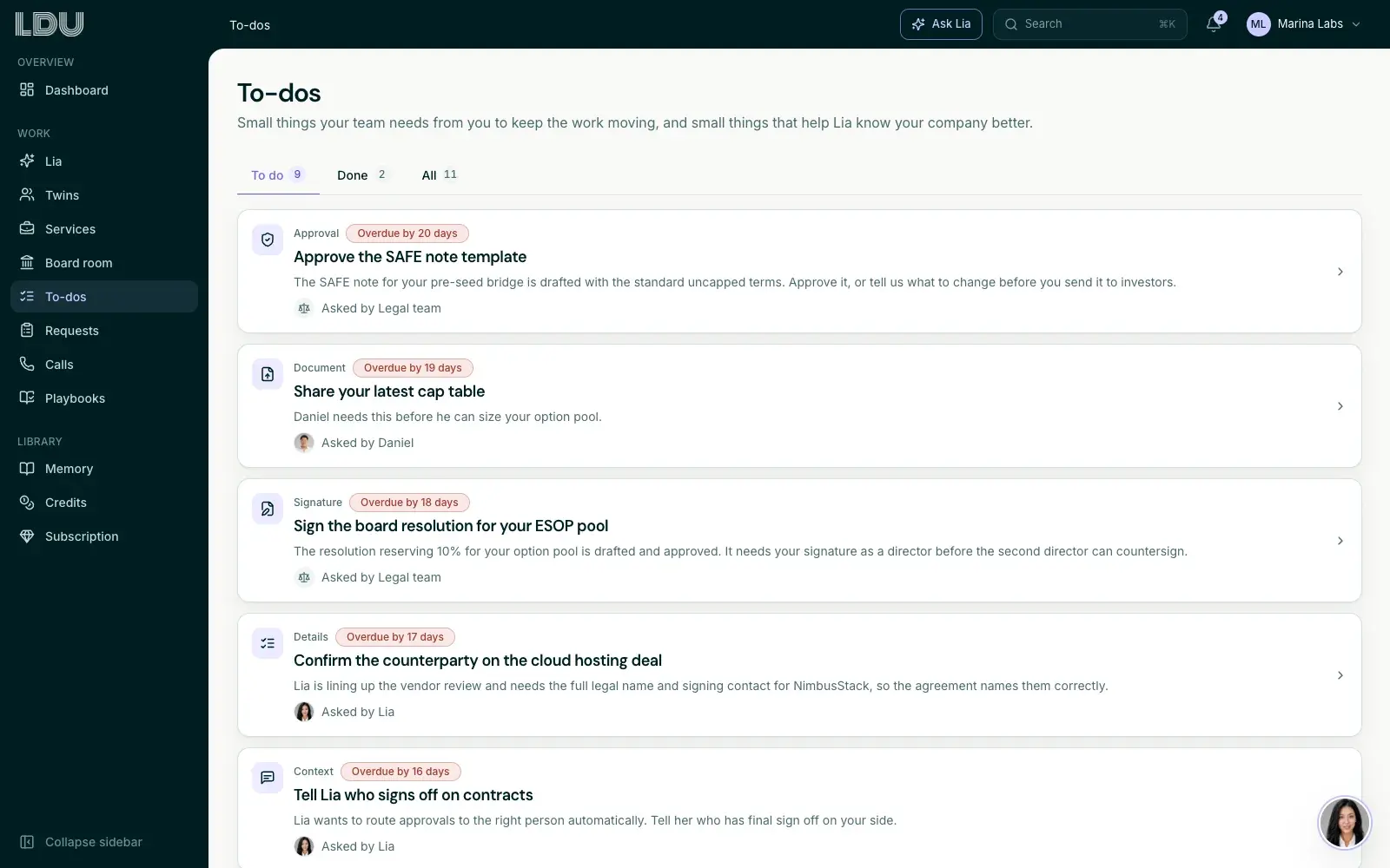 The Fraction to-do list showing approvals, signatures and documents the team needs.