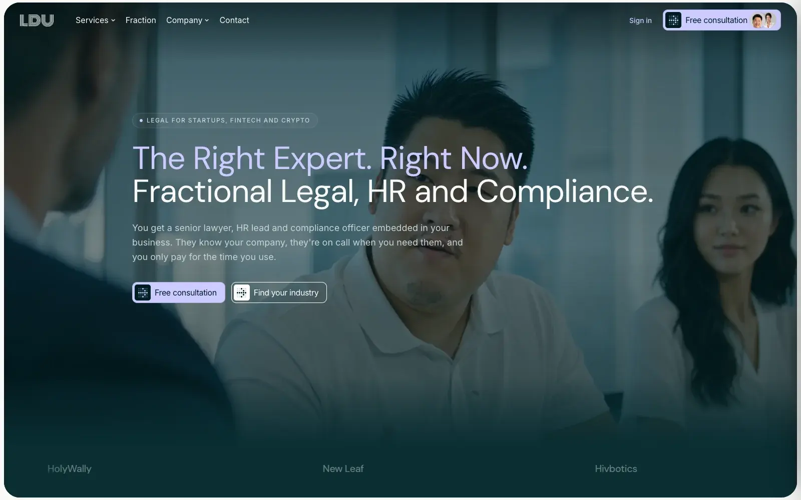 The LDU marketing site homepage with the headline about fractional legal, HR and compliance.