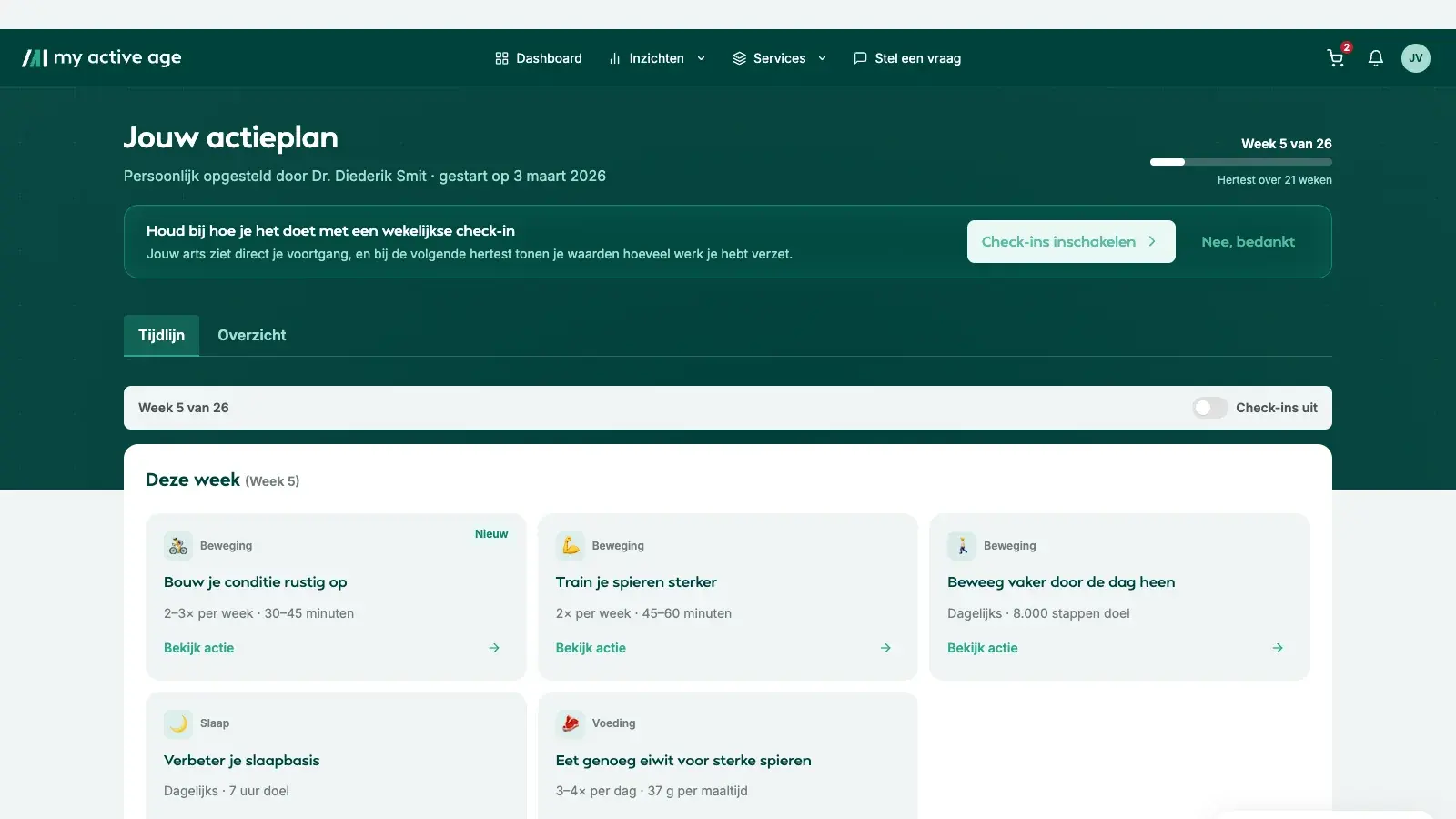 The weekly action plan screen in the My Active Age client portal.
