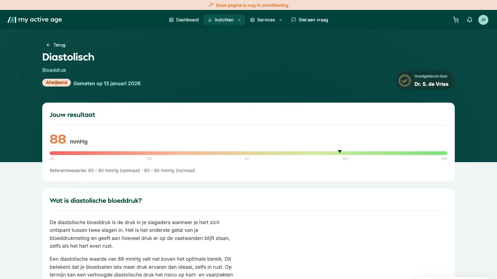 A single biomarker detail page in the My Active Age client portal.