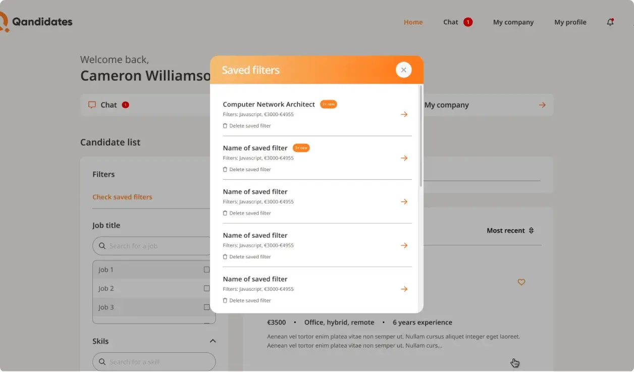 Recruiter search view with filters applied to a candidate list.