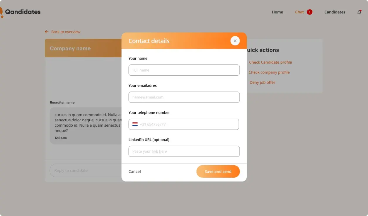 Qandidates messaging view between a recruiter and a candidate.
