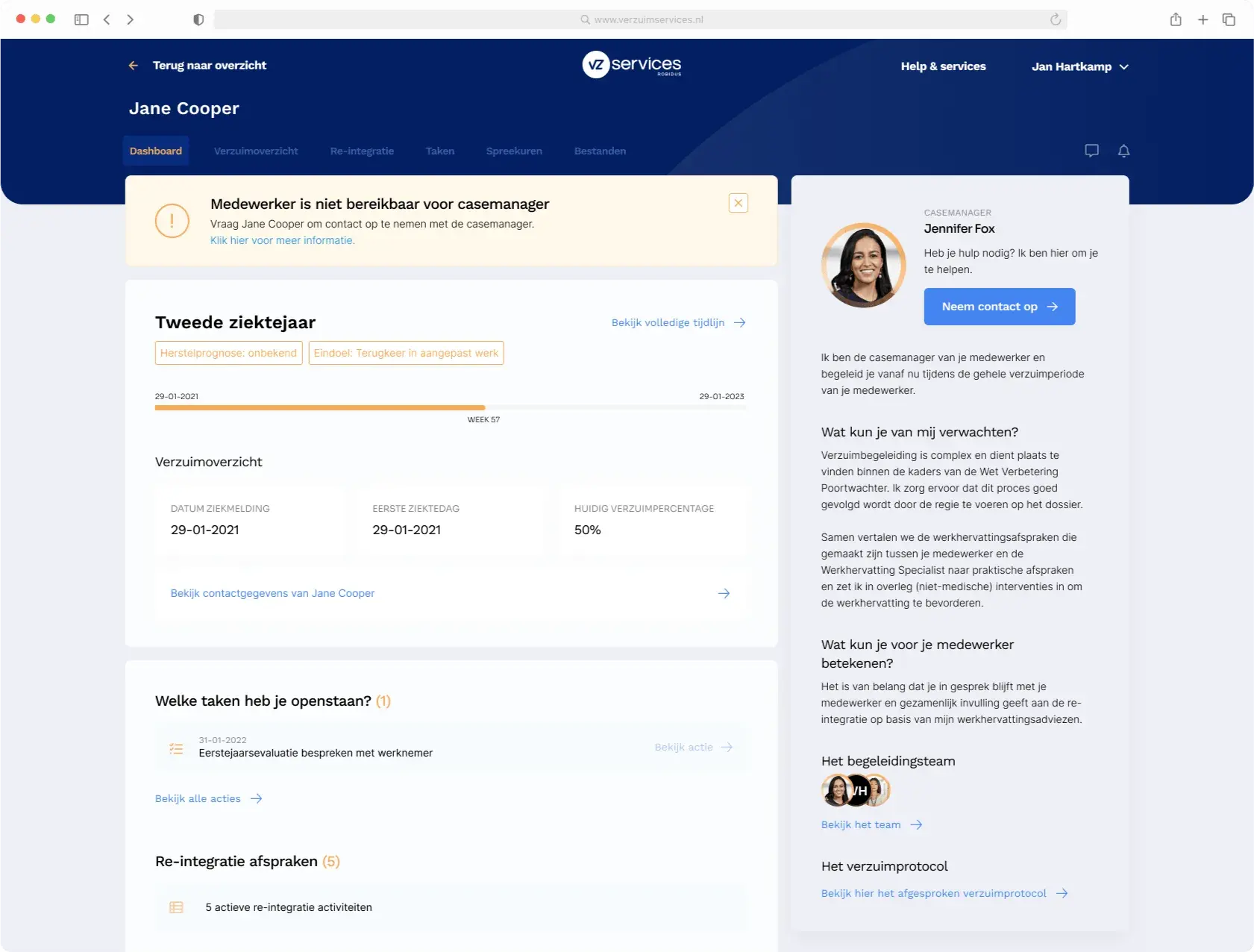 Robidus manager dashboard listing employees, their status and open actions.