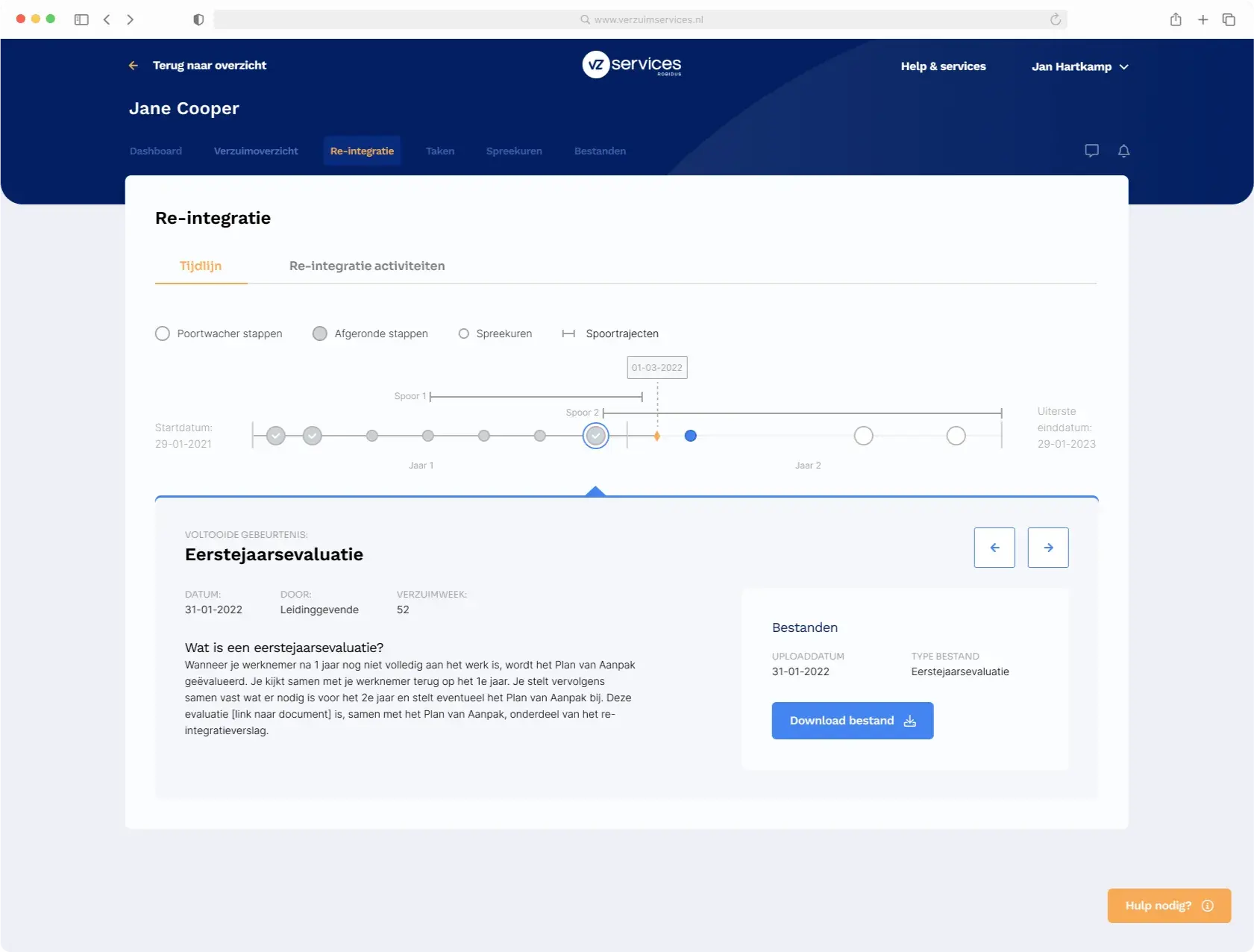 Employee reintegration file showing a step-by-step progress timeline.