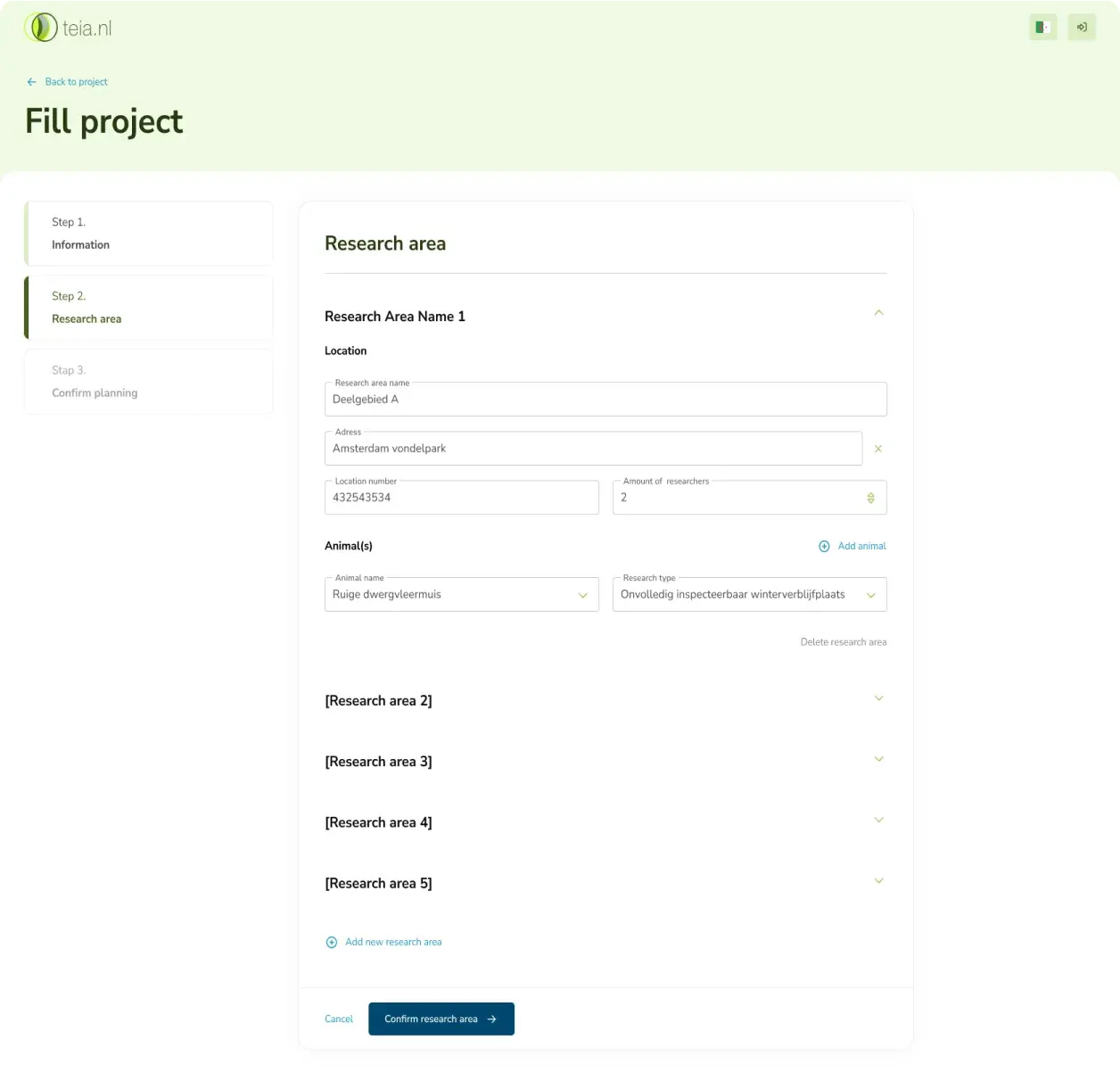 Teia project detail view with research information and assigned biologists.