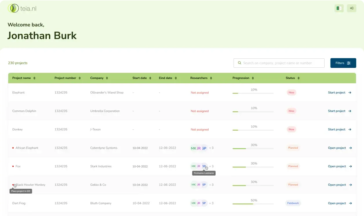 Teia project overview listing active research projects.