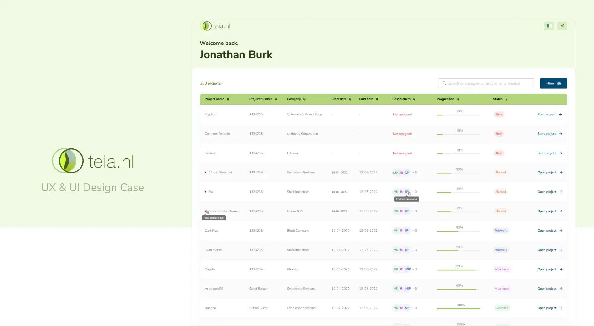 Teia internal web application shown on desktop and mobile.