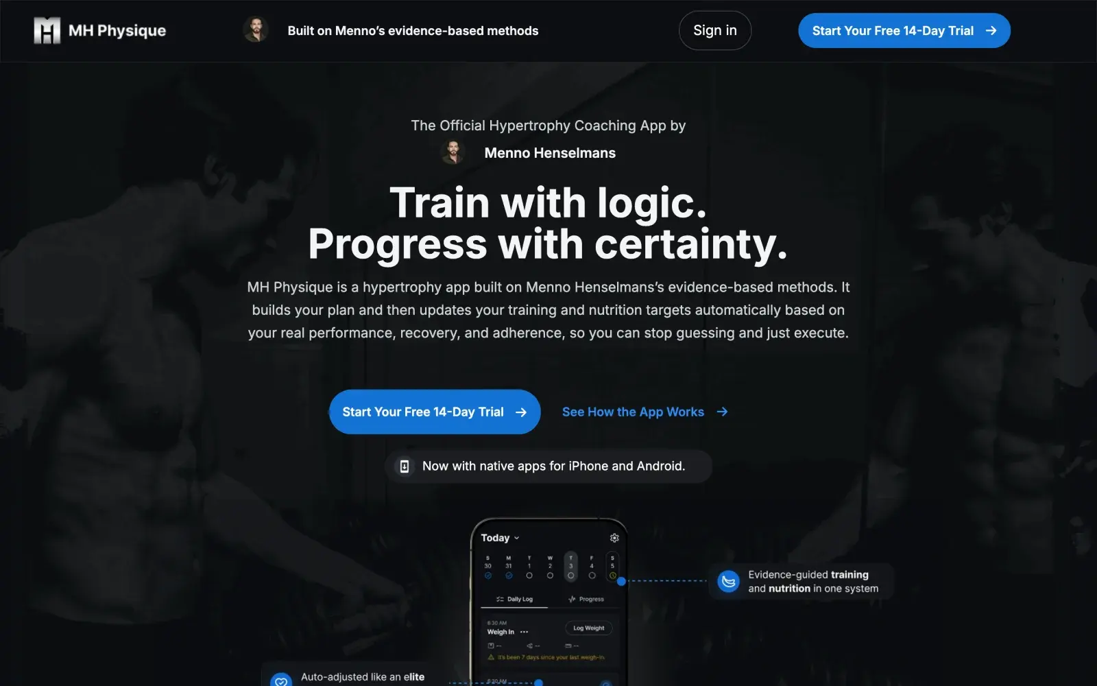 The MH Physique app landing page.