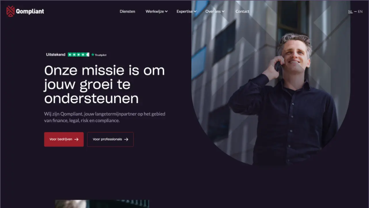 The Qompliant website shown on desktop and mobile.