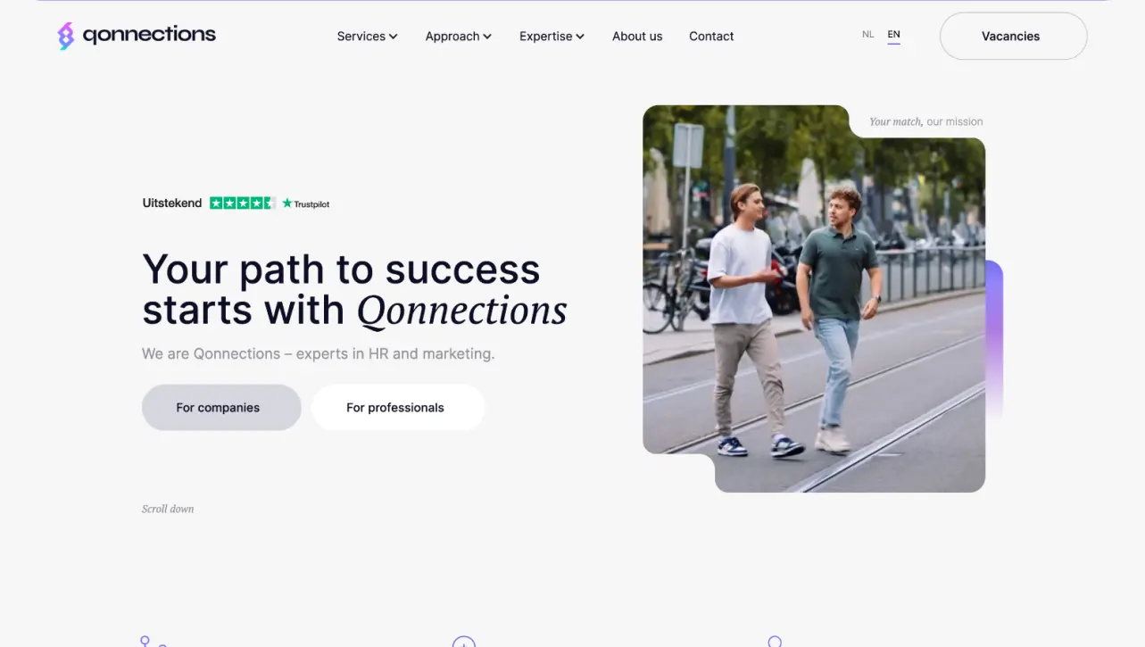 The Qonnections website shown on desktop and mobile.
